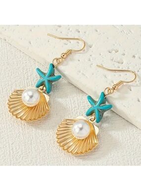 Seashell & Pearl Turquoise Starfish Earrings